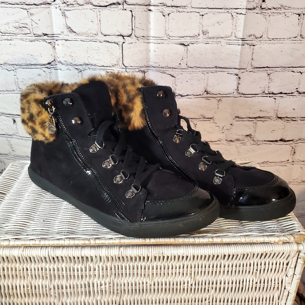 G By Guess Womens Size 11 Black High Tops Faux Cheetah Fur